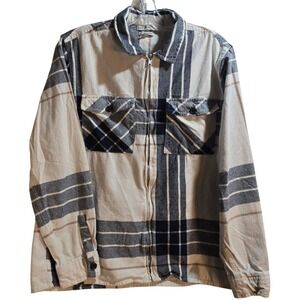 Another Influence Plaid Zip Up Shirt Utility Jacket Cream Navy Beige Size Medium